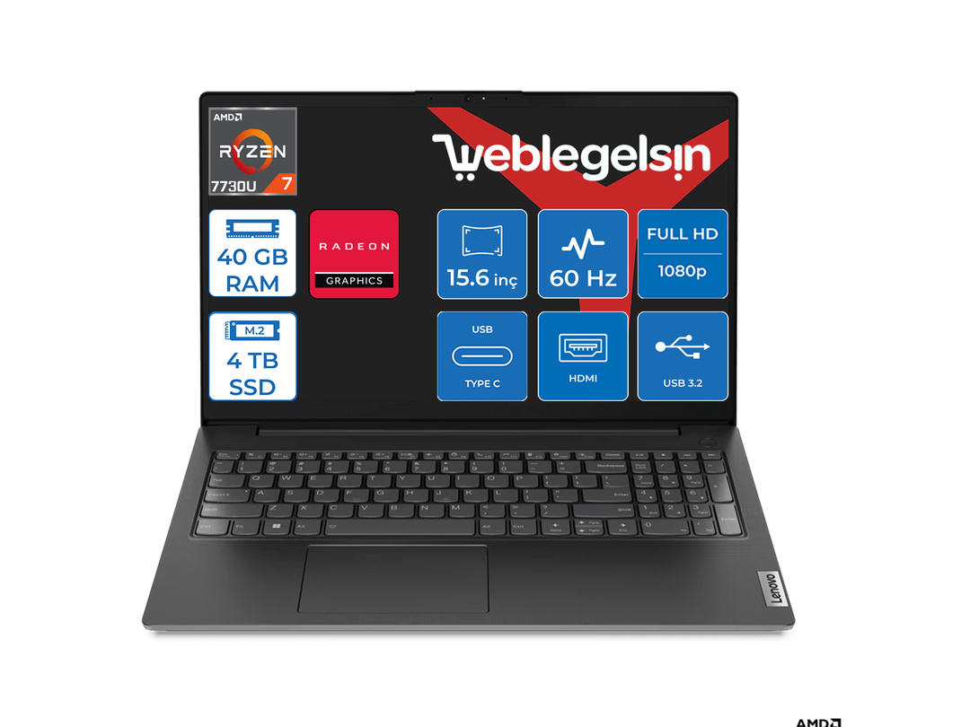 Lenovo V15 G4 ABP Amd Ryzen 7 7730U 40GB 4TB SSD 15.6 FullHD Freedos Taşınabilir Bilgisayar V82YY001MTR20+WeblegelsinÇanta