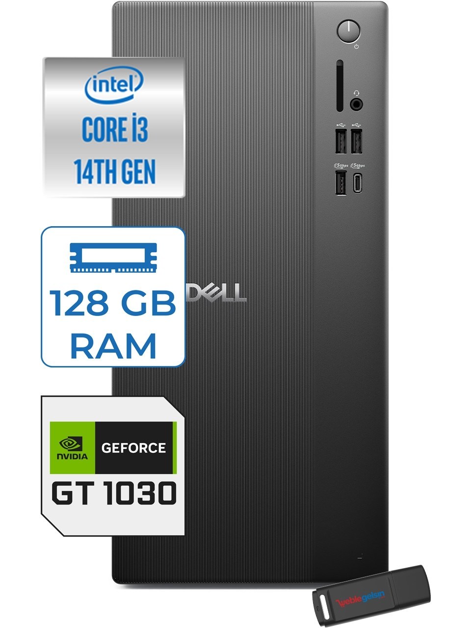 DellMasaüstü BilgisayarDell Tower ECT1250 Intel Core I3 14100 128GB DDR5 512GB SSD 4GB/GT1030 Freedos Kurumsal Masaüstü Bilgisayar 10303ECT125014F26