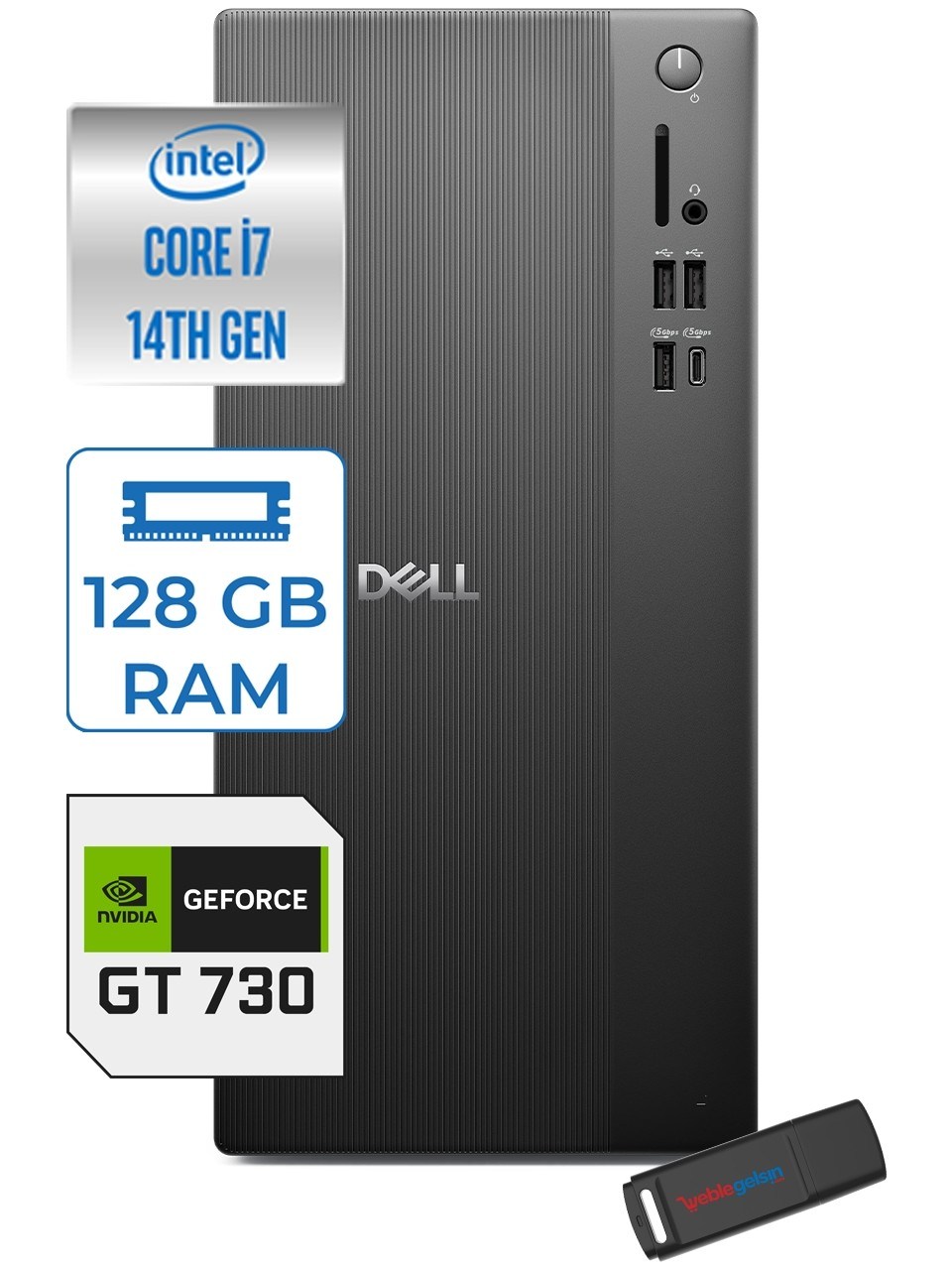 DellMasaüstü BilgisayarDell Tower Essential QVT1260 Intel® Core™ İ7-14700 128GB DDR5 512GB SSD 4GB/GT730 Windows 11 Home Mini Tower Masaüstü Bilgisayar BTO01400725H37