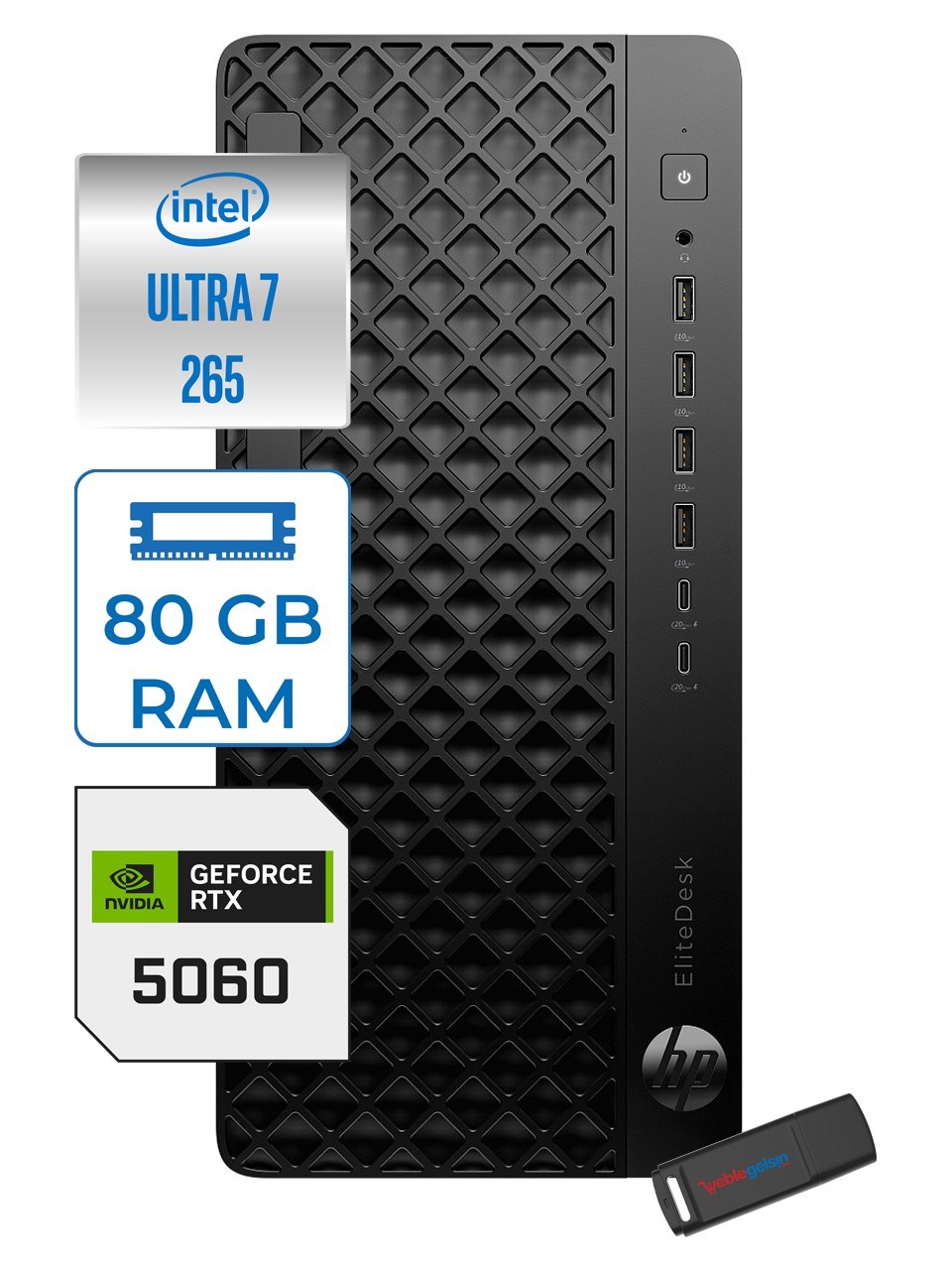 HPMasaüstü BilgisayarHp Elitedesk 8 G1I Ultra7 265 DDR5 80GB 4TB SSD 8GB/RTX5060 Wi-Fi 7 BE200 (2x2) + Bt 5.4 500W Windows 11 Pro Iş Istasyonu CS7A7ETP28