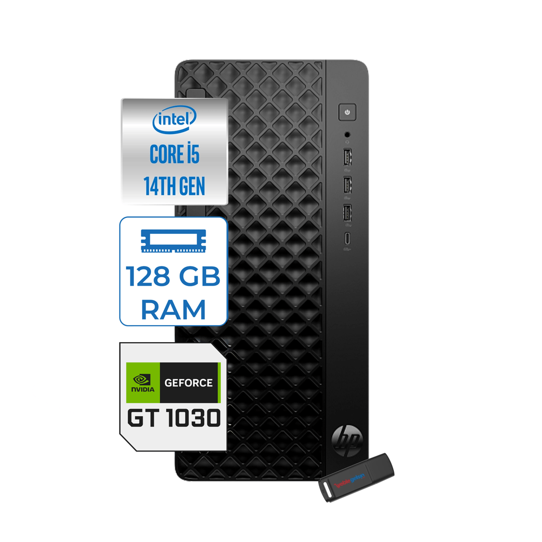 HPMasaüstü BilgisayarHp Prodesk 2 Tower G1I Intel I5 14400 4,7 Ghz 128GB DDR5 256GB SSD 4GB/GT1030  Windows 11 Pro Mini Tower Masaüstü Bilgisayar B70VQAT21P36