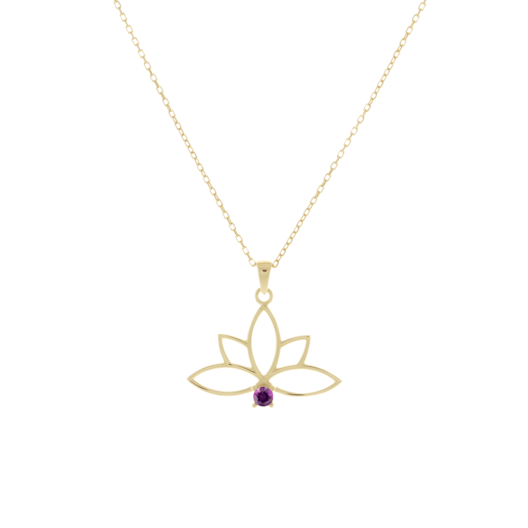 Mor Taşlı Lotus 14 Ayar Altın Kolye