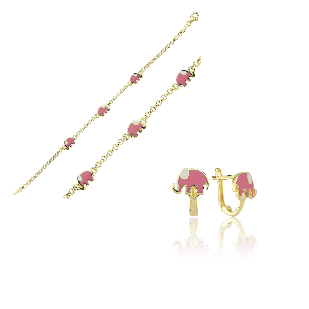 Pembe Fil Çocuk Bileklik Küpe Set
