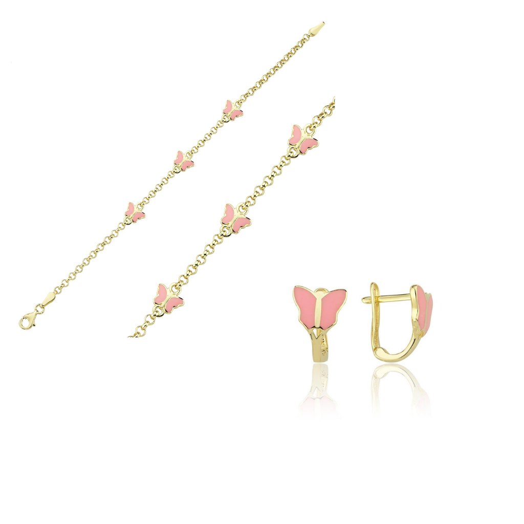 Pembe Kelebek Çocuk Bileklik Küpe Set