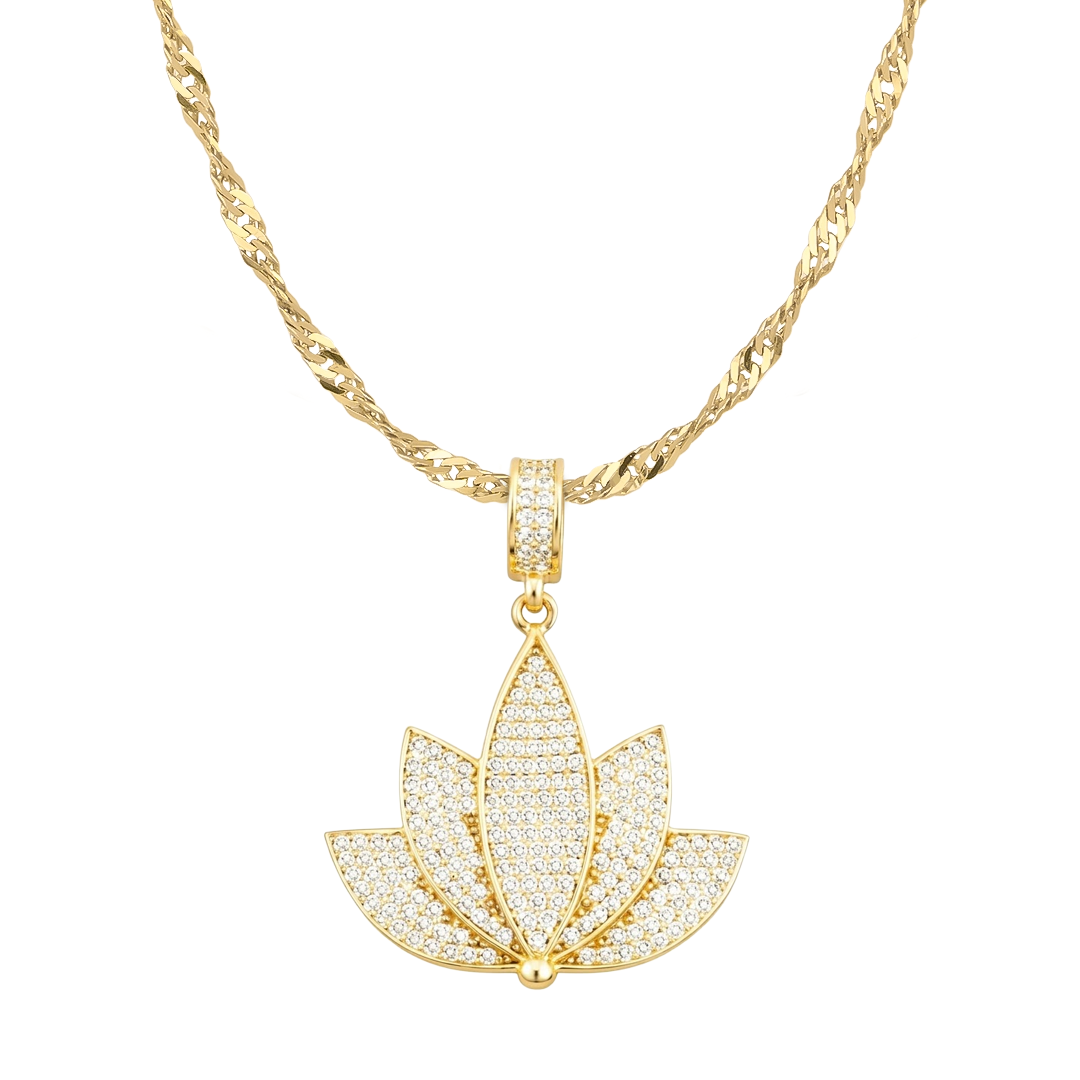 Taşlı Lotus 14 Ayar Altın Kolye