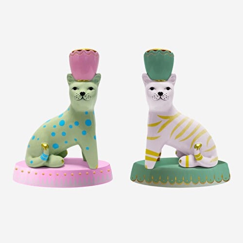 YVONNE ELLEN Animals Kedi Formlu Yeşil Resin Alüminyum Mumluk 12X24 Cm