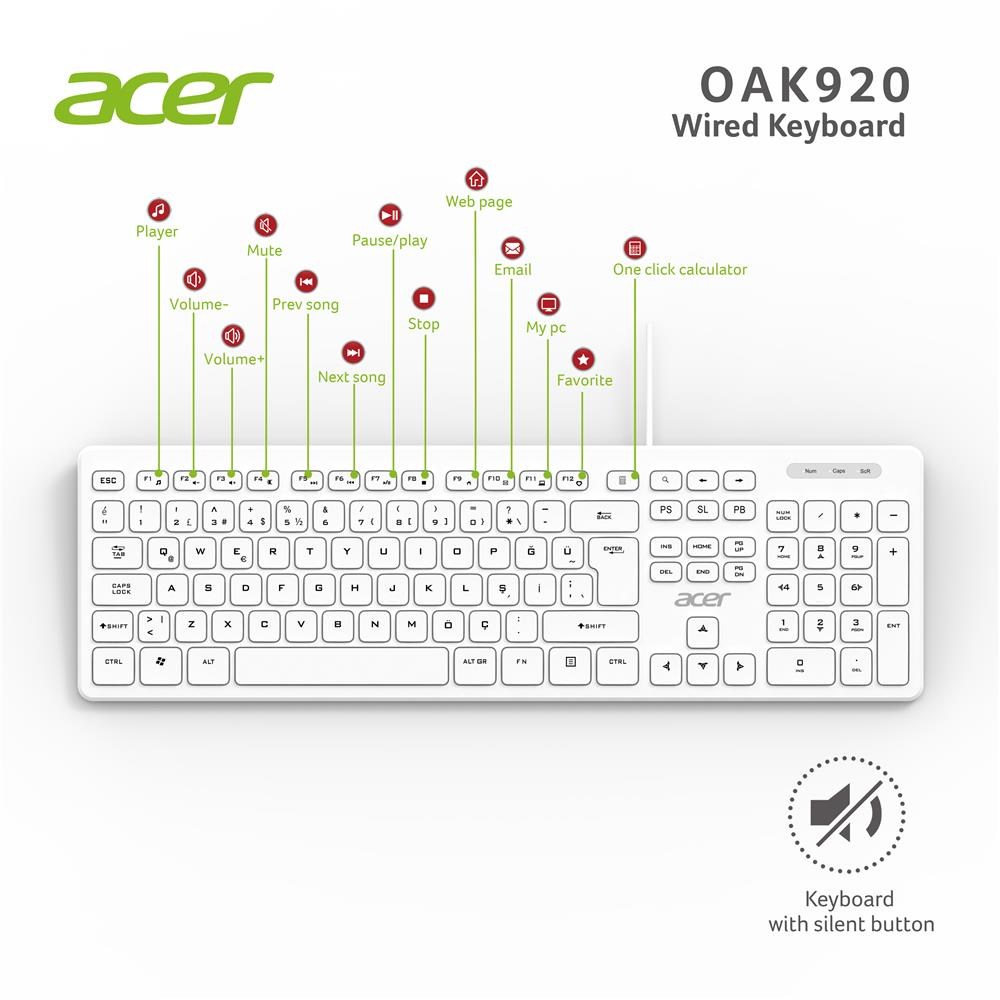 ACERAcer OAK920 Q Usb Beyaz 1.8mt Kablolu Klavye-Tek Tuş Hesap Makinalı (Sessiz Tuş)195133255592