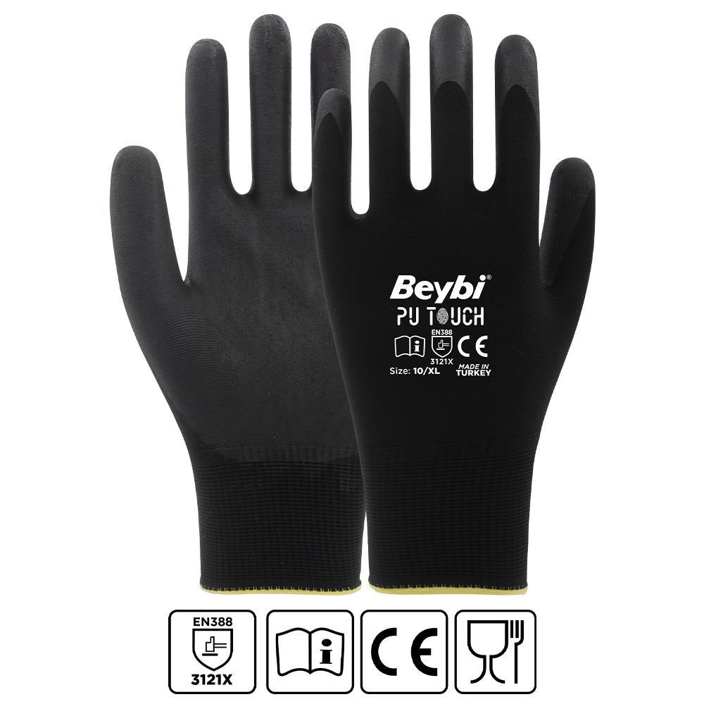 BEYBİBeybi 7 Beden 12li Paket  Poliüretan Kaplı Pu Touch Siyah Montaj Eldiven  EN388 (3121X)8681780022493
