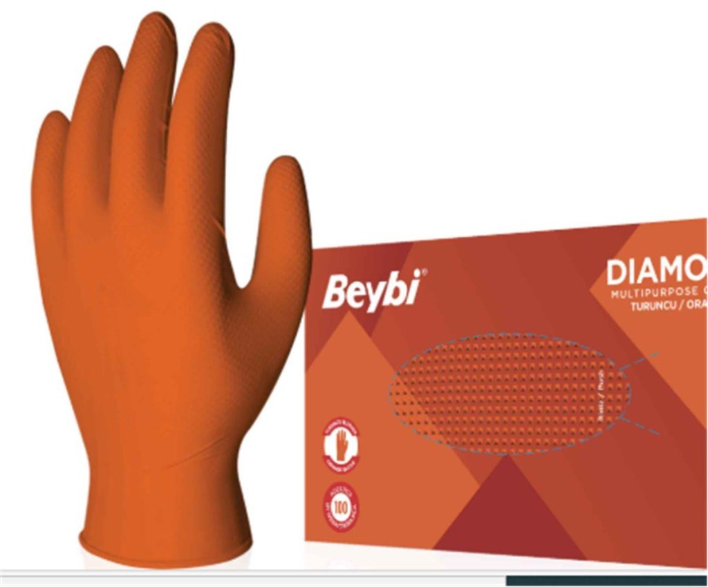 BEYBİBeybi Diamond Pudrasız L Beden Kalın Turuncu Nitril Eldiven Large 100 Adet8681780111210