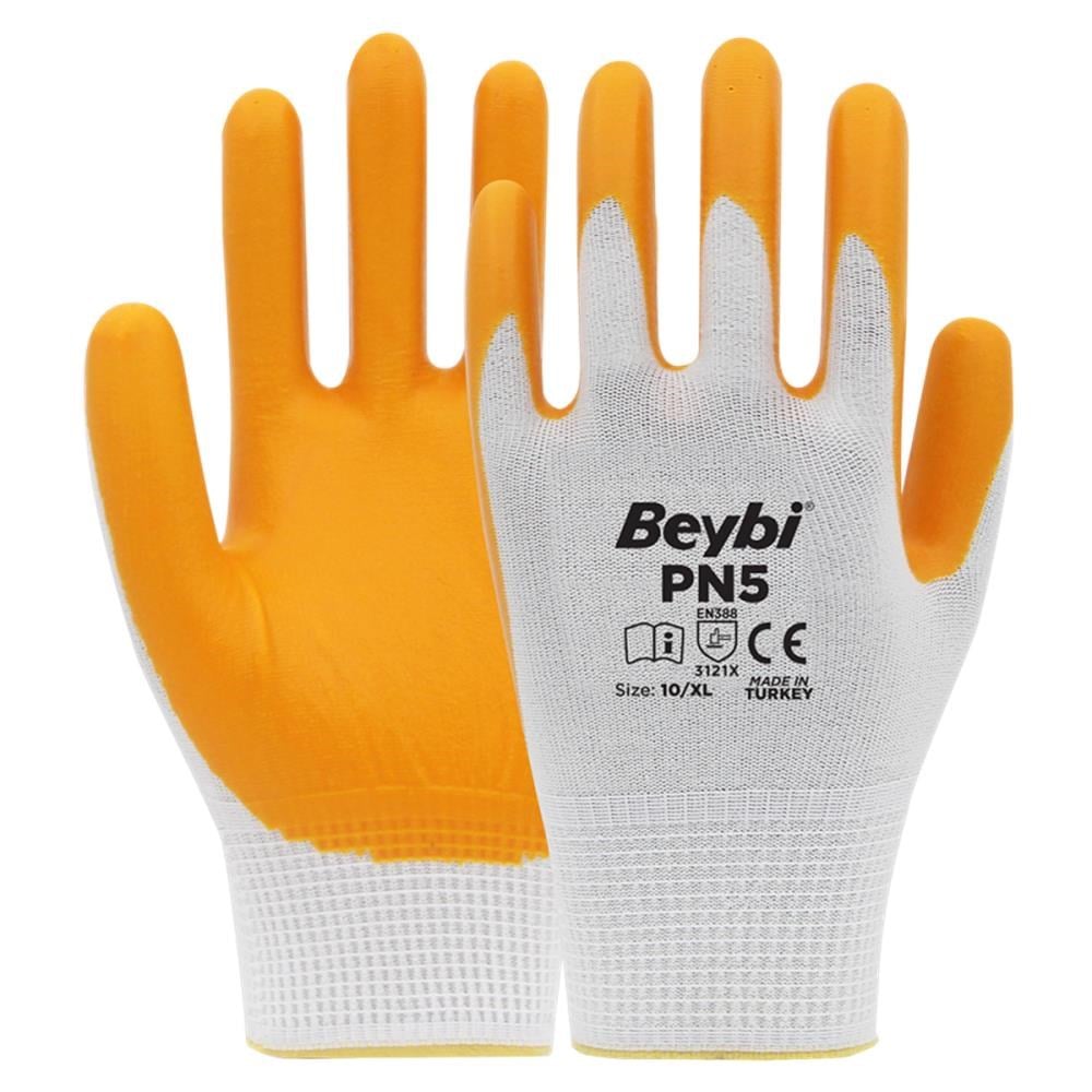 BEYBİBeybi Nitril PMK PN5 Beyaz Sarı Örme Polyoster Nitril 10 Beden 12li Paket EN388 (3121X)8681780021670