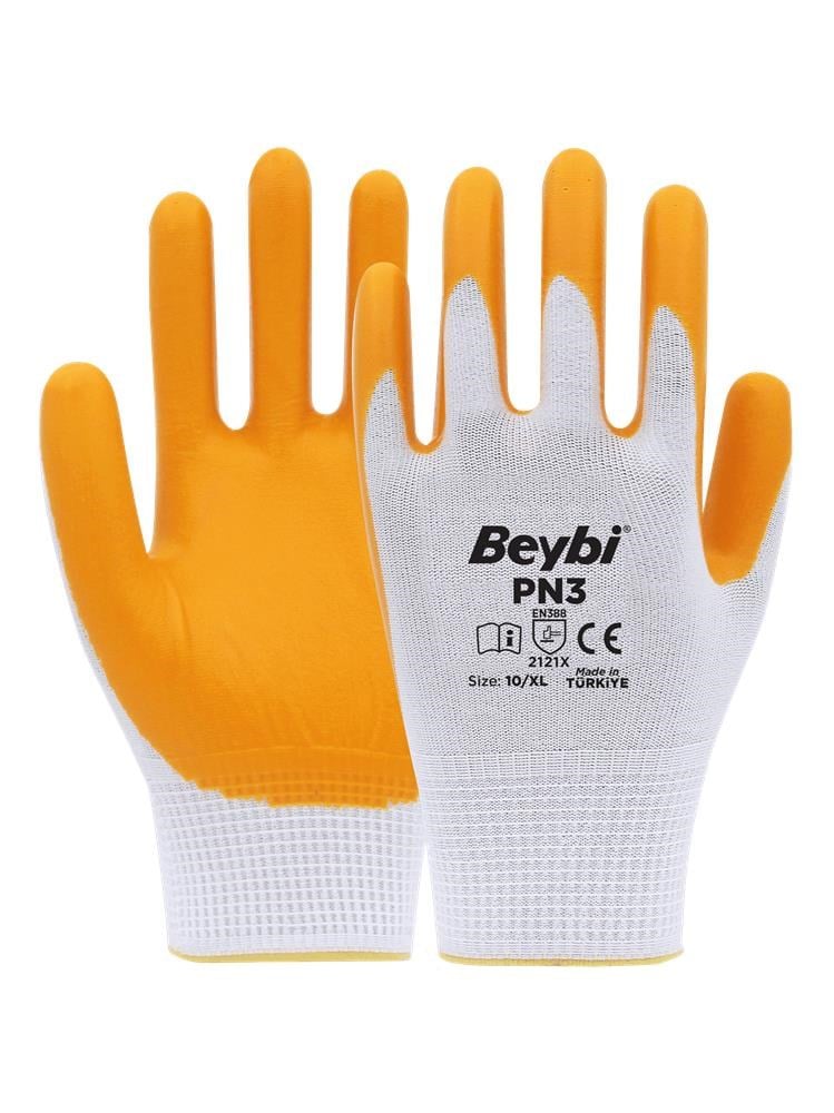 BEYBİBeybi PN3 Beyaz Sarı 10 Beden Polyester Örme Nitril Eldiven 12li Paket EN388 (2121X)8681780023919