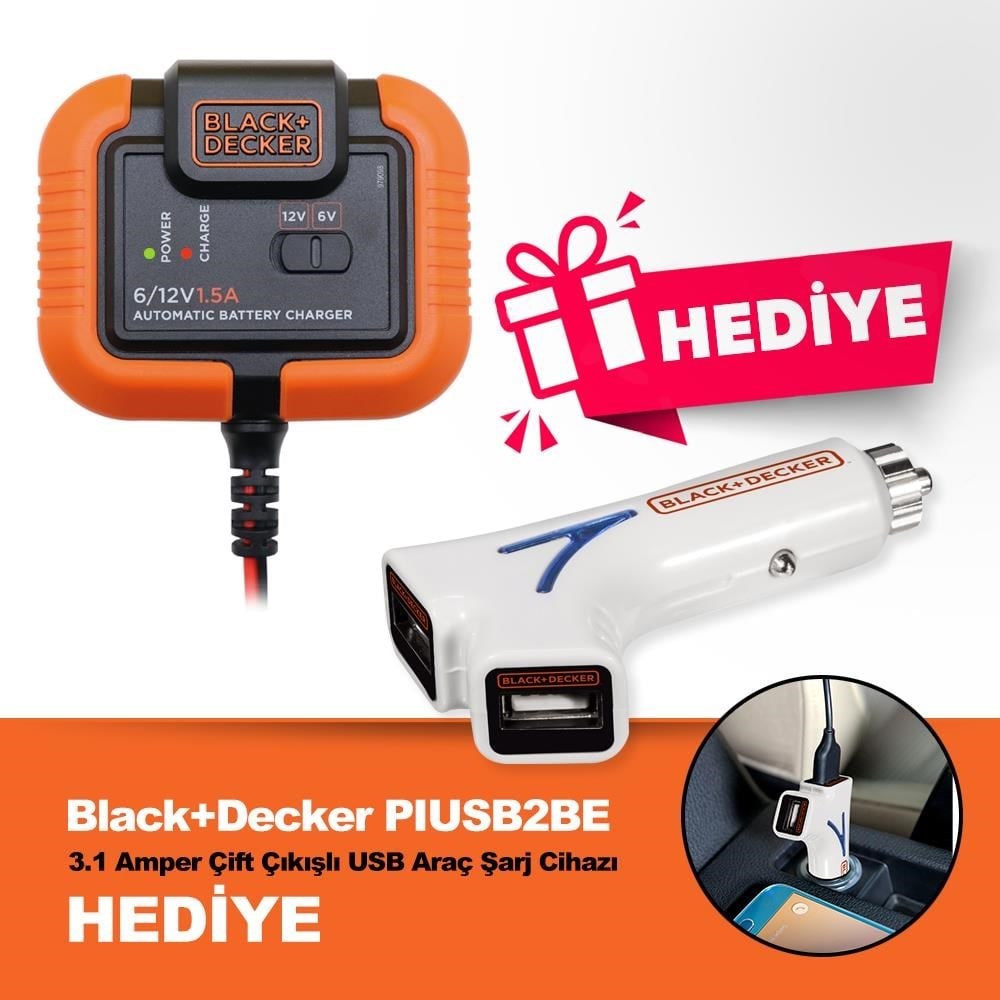 Black+DeckerBLACK+DECKER BXA21USB 6V/12V 72A Akıllı Akü Şarj ve Akü Bakım Cihazı + PIUSB2BE 3.1 Amper Çift Çıkışlı USB Araç Şarj CihazıBXA21USB