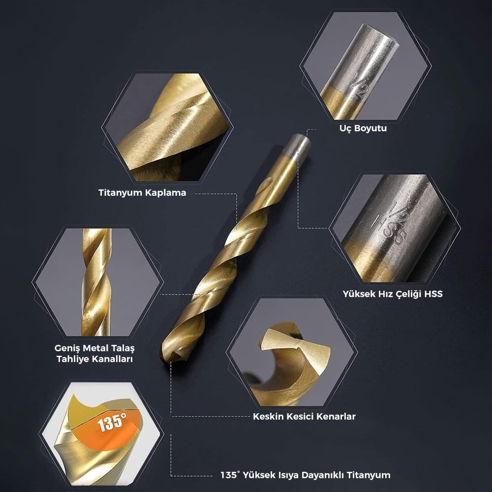 CATCAT DA02901 16 Parça Profesyonel Titanyum Kaplama HSS Metal Delici Matkap UcuDA02901