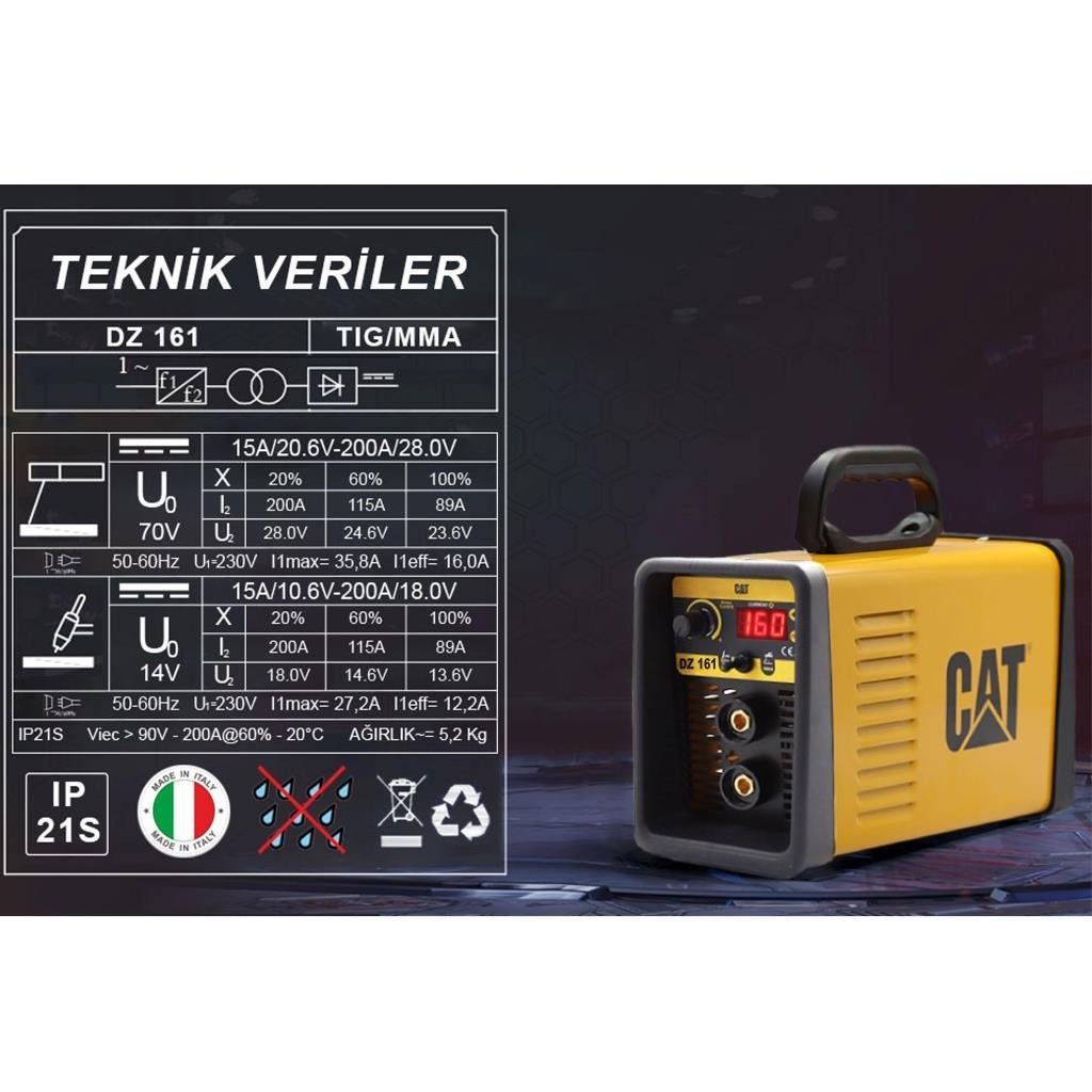 CATCAT DZ161T 160 Amper TIG LIFT/MMA Çanta Tipi Profesyonel Dijital İnverter Kaynak Makinesi + CAT DX37 Avuç TaşlamaDZ161T