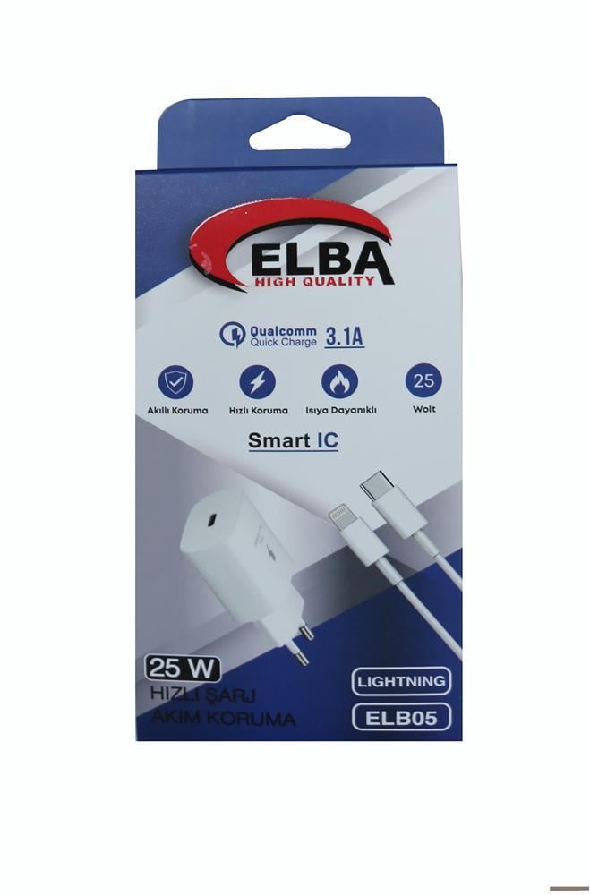 ELBAElba ELB05-PD-25WIOS Beyaz 25W Usb-c Ev Şarj Kafa+1mt Type-c To Lightnıng Kablo PD3.0-QC4.0 Hızlı Ş8698521899887