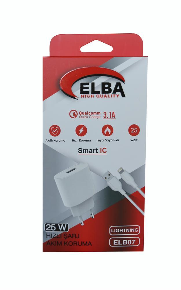 ELBAElba ELB07-USB-25WIOS Beyaz 25W Usb Ev Şarj Kafa+ Usb 1mt Lightning Kablo QC4.0 Hızlı Şarj8698521899900