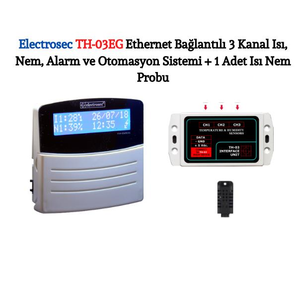 ElectrosecElectrosec TH-03EG Web Tabanlı 3 Kanal Isı, Nem, Alarm ve Otomasyon Sistemi + 1 Adet Isı Nem Probu +16V AdaptörTH-03EG
