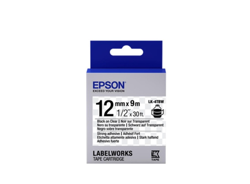EpsonEpson LK-4TBW Güçlü Yapışkanlı Şeffaf Üzeri Siyah 12mm 9Metre Etiket8715946611303