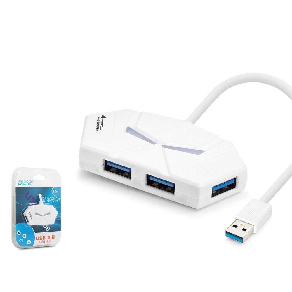 HADRONHadron HDX7051 Gaming USB Hub 3.0 5Gbps 4x USB-A 3.0 7 Renk LED 4 Port Çoklayıcı 120cm Beyaz8680469046874