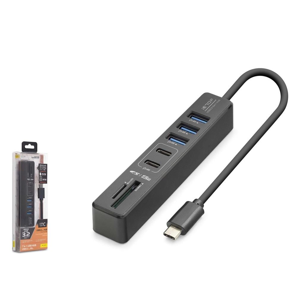 NODARHadron HDX7061 İetop Type-C Hub 5Gbps 2x Usb-C 3.2+3x Usb-A 3.2+SD+microSD 7 Port Kart Okuyucu Siyah8680469046973