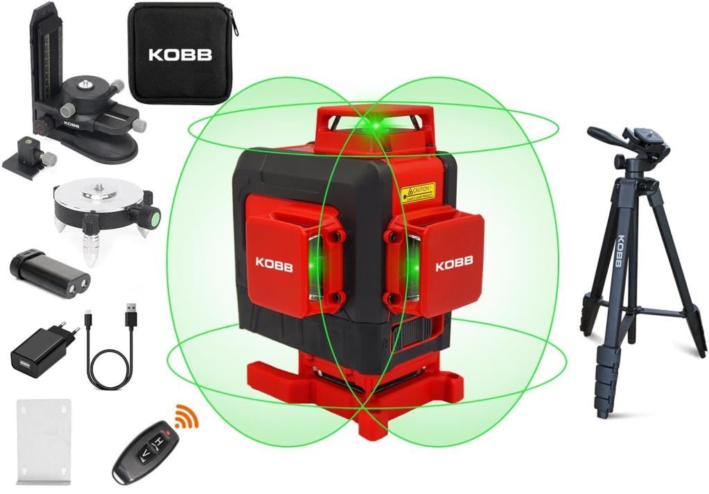 KOBBKOBB KBL35GTP Profesyonel Li-ion Şarjlı 4X360⁰ Otomatik Hizalamalı Yeşil Çapraz Çizgi Lazer Distomat+TripodKBL35GTP