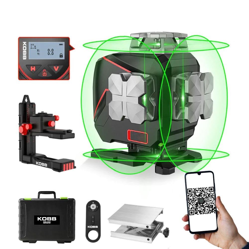 KOBBKOBB KBL36G Profesyonel Li-ion Şarjlı 4X360⁰ LCD Ekran Otomatik Hizalamalı Yeşil Çapraz Çizgi Lazer DistomatKBL36G