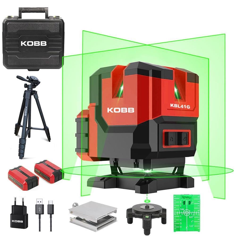 KOBBKOBB KBL41GTP 30M 4x90⁰/1x360⁰ Otomatik Hizalamalı Li-ion Çift Akü Profesyonel Yeşil Çizgi Lazer Distomat + TripodKBL41GTP