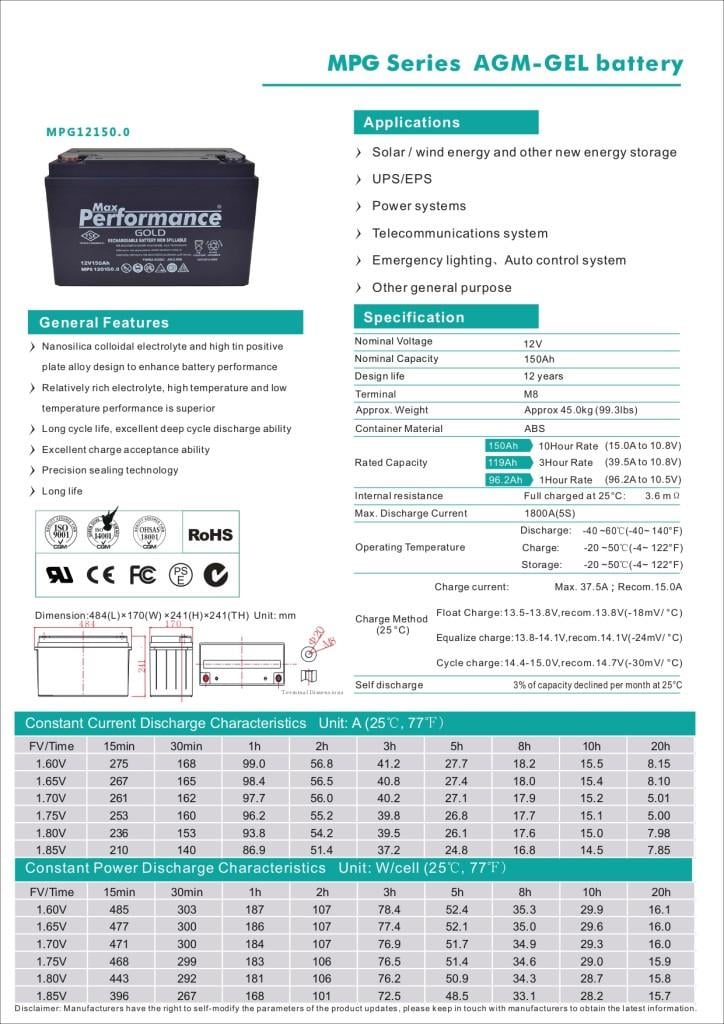 Max Performance GoldMax Performance Gold 12V 150Ah Deep Cycle Jel AküMPG12150.0