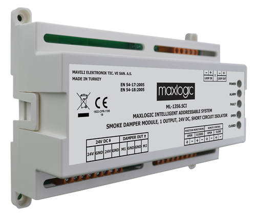 MaxlogicMaxlogic ML-1356.SCI Akıllı Adresli Duman Damper Modülü, 1 Çıkışlı, 24V DC Kısa Devre İzolatörlüML-1356.SCI