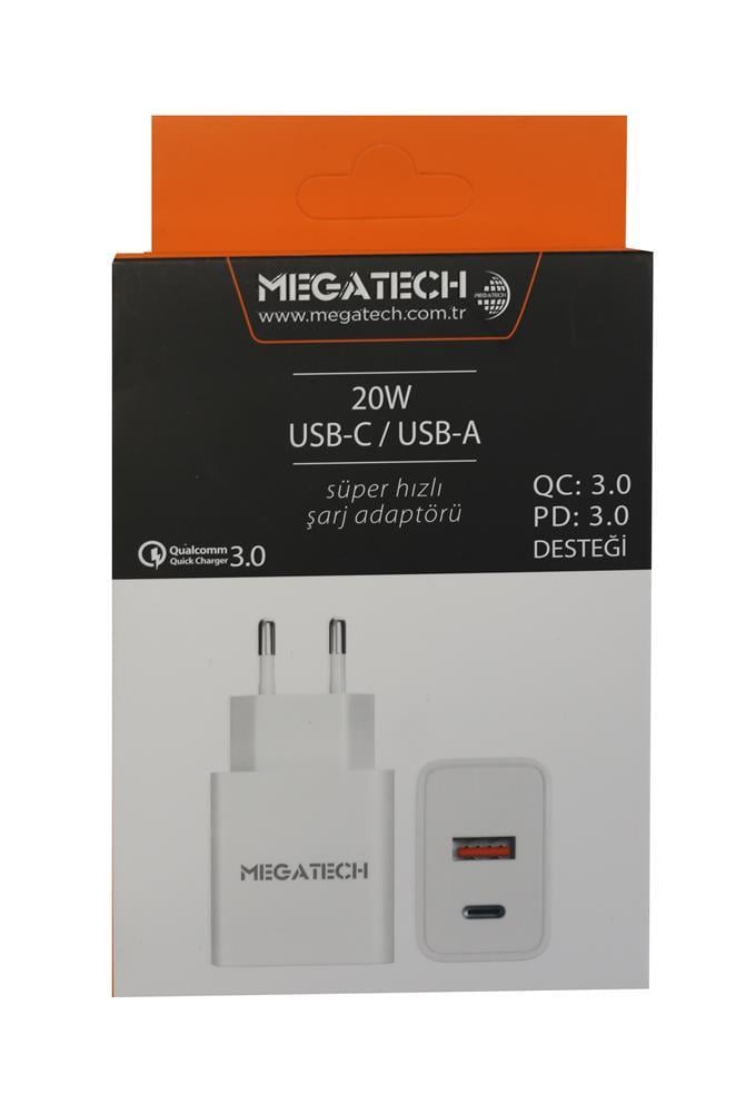 MEGATECHMegatech 20w Beyaz USB-C USB-A  Şarj Kafa QC:3.0-PD:3.09100910092537