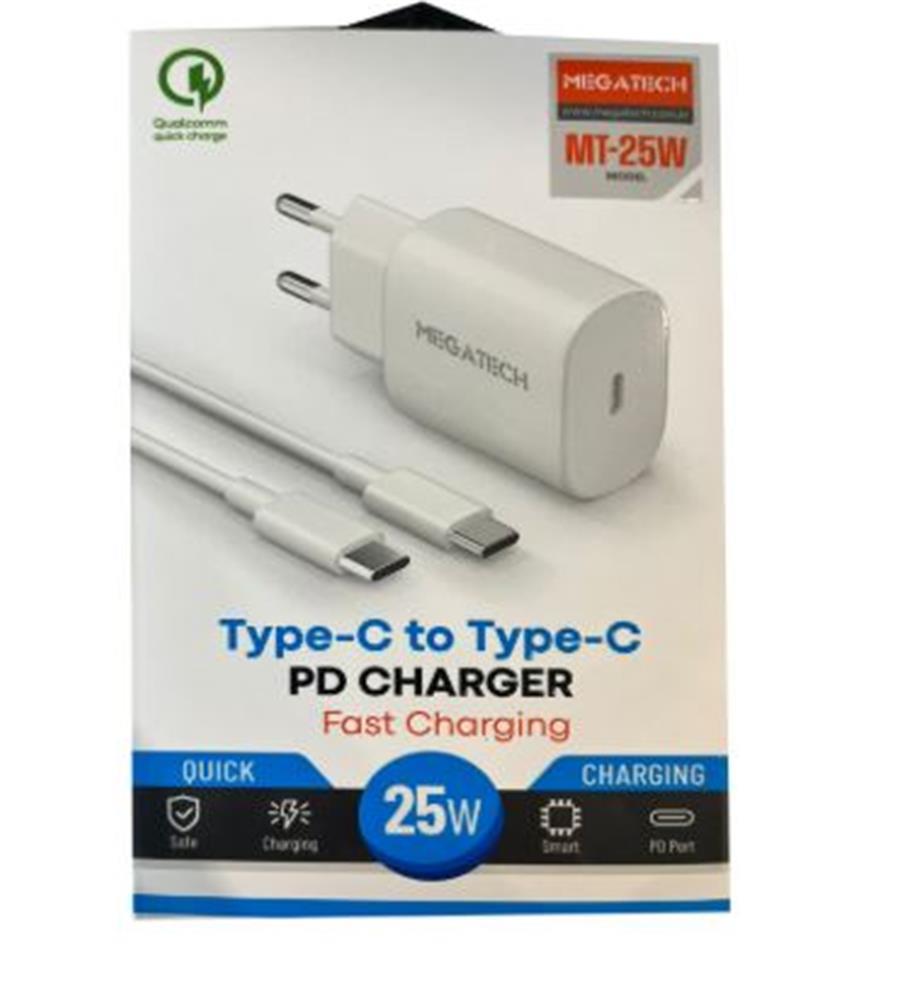 MEGATECHMegatech Mt-25w QC:3.0 PD:3.0 Ev Şarj Kafa+ Type-C To Type-C Şarj Kafası Hızlı Şarj9520206202448