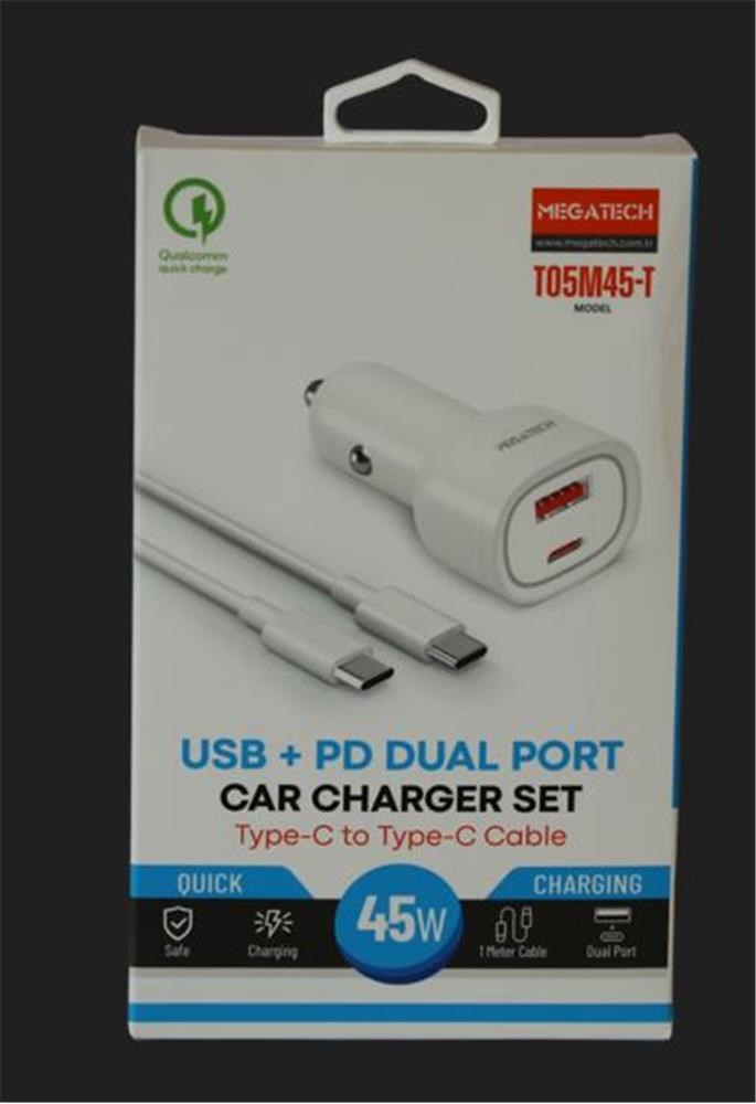 MEGATECHMegatech T05M45-T Beyaz 45W PD-USB Araç Çakmaklık Şarj Başlığı Hızlı Şarj(TYPE-C TO TYPE-C KABLO)9100910110170