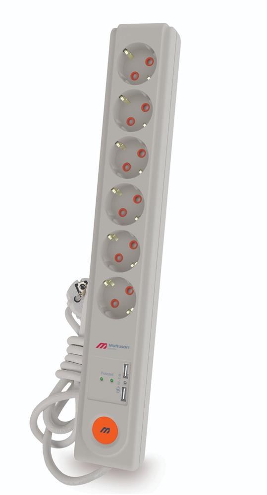 MUTLUSANMutlusan Rı-Tech 6lı 1,5mt  Şok Korum Usb+Type-c Anahtar Toprak Grup Priz (3X1.5-1.5mt) Çocuk Korum8699430502660