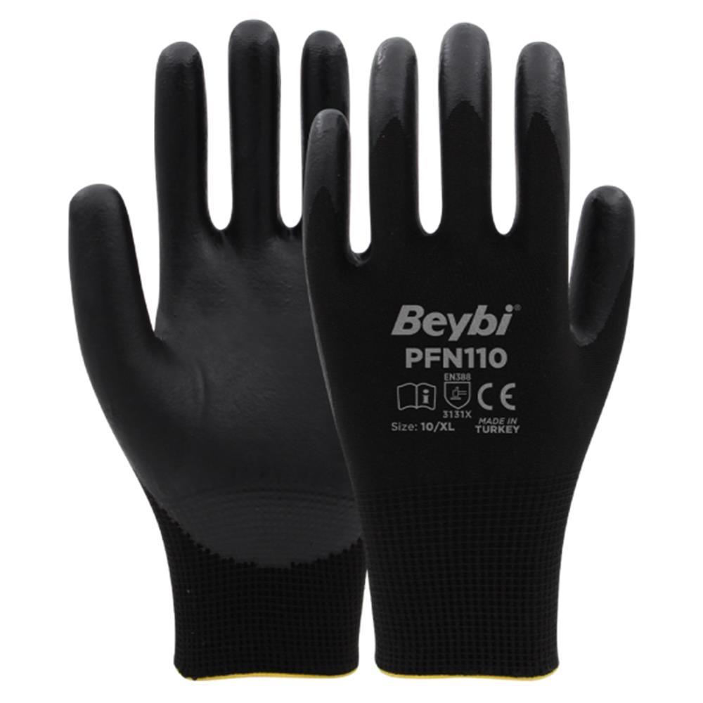 BEYBİPFN110 9 Beden Siyah Polyester Örgü Üzeri ½ Köpük Nitril Kaplı Eldiven 12li Paket En388 (3131X)8681780024398