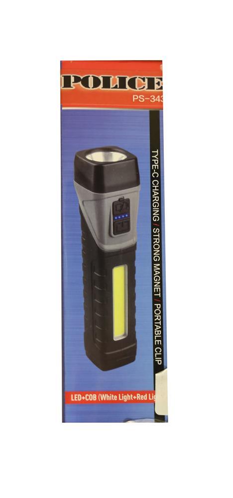 POLICEPolıce PS-343 Magnetli, 90 Derece Oynar Başlık, Kırmızı İkaz Işıklı Şarjlı  El Feneri8801010013439