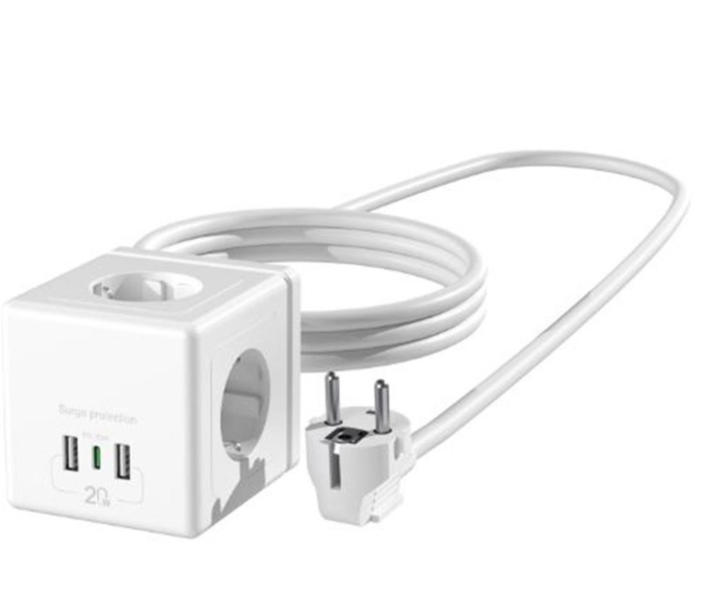 S-LinkS-link PRZ04 4 Soketli 2 USB 1 Type-C PD20 2M 306 Joule Tam Bakır Küp Beyaz Akım Korumalı Priz8680096150951