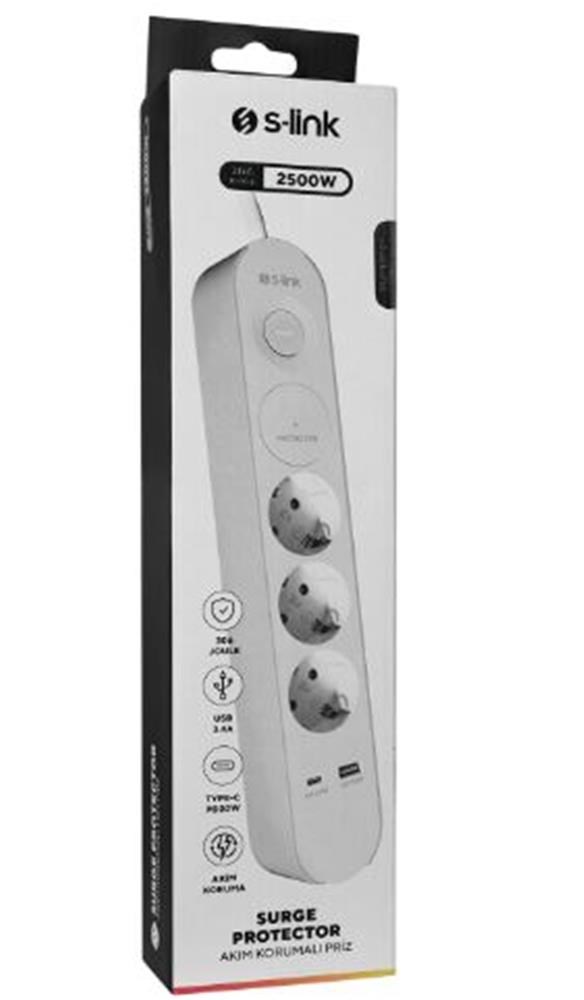 S-LinkS-link SPG3-PD20  PD20W H05VV-F 3G1.0mm, 1.5m 3 lü 306 J Akım Korumalı Beyaz + Gri Priz8680096132841