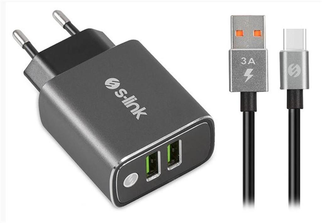 S-LİNKS-link SW-EHT36M 2 USB, 3.1A Metal Ev Sarj Cihazı ve Type-C Data + Sarj Kablosu8680096075544