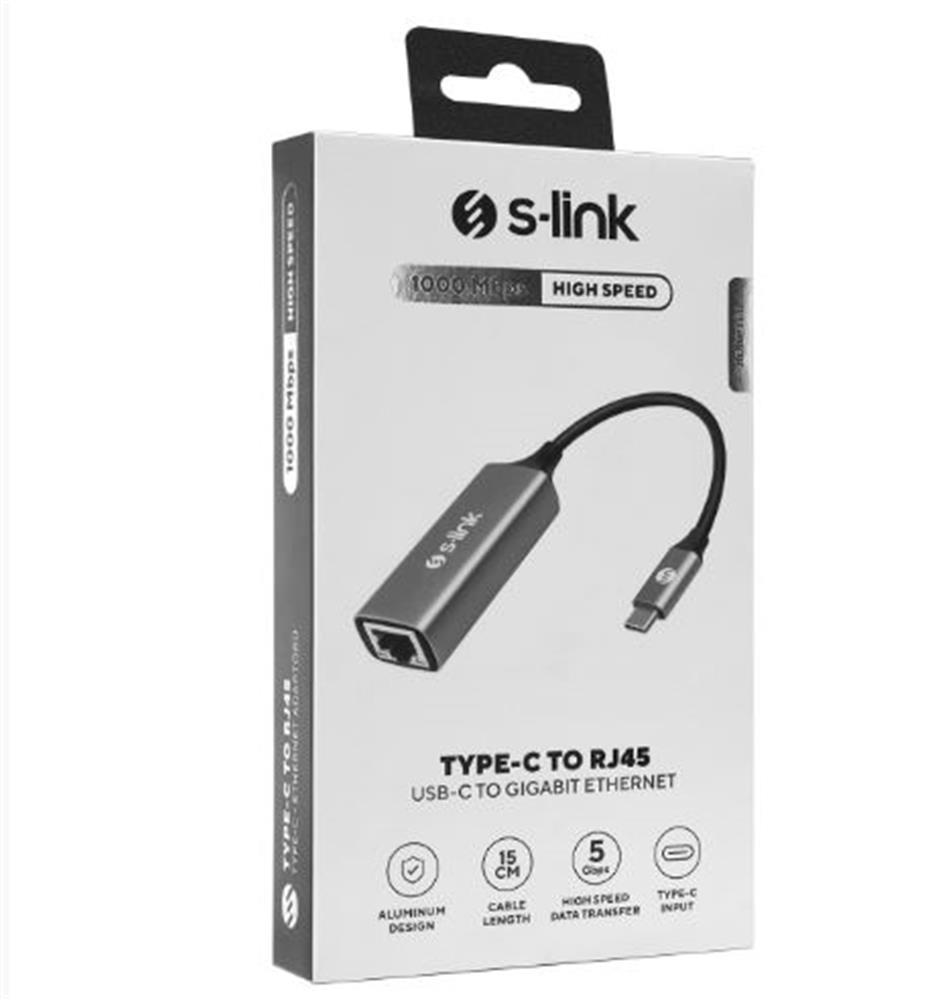 S-LİNKS-link SW-U336 Gri Metal Type-C to RJ45 10-100-1000Mbps Gigabit Adaptör8680096129506