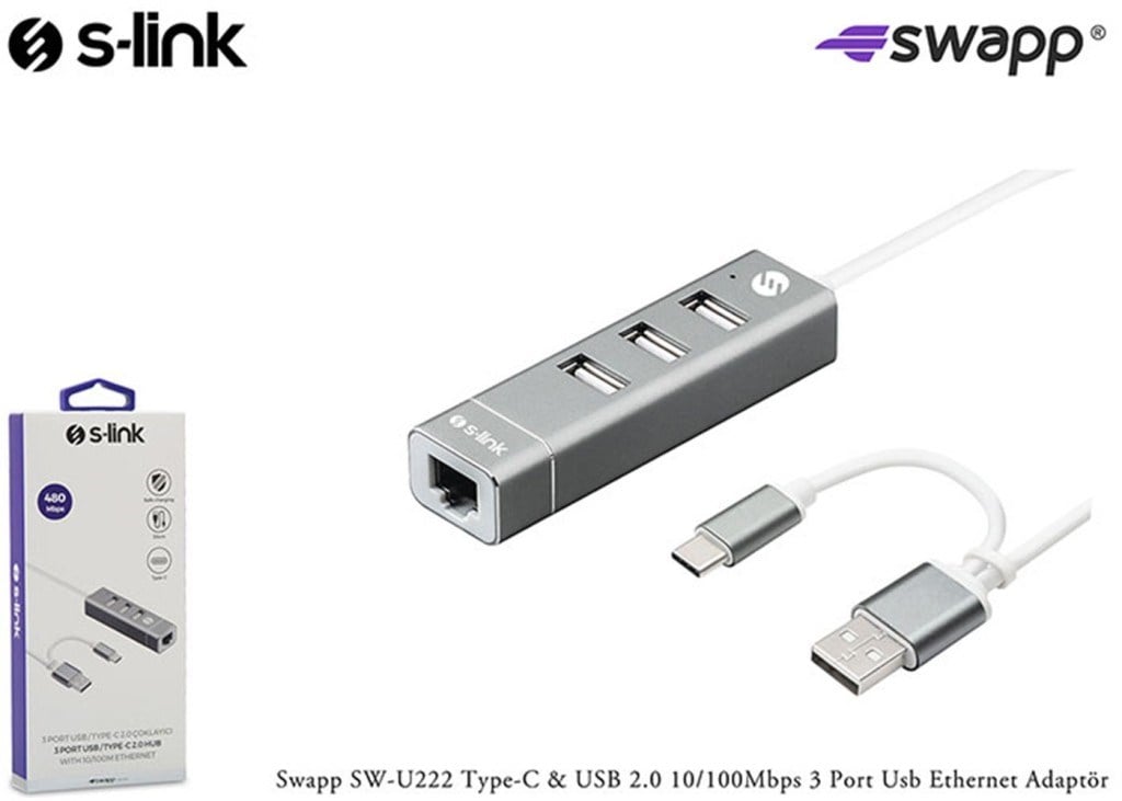 S-LinkS-link Swapp SW-U222 Type-c Usb 2.0 10-100mbps 3 Port Usb Ethernet Adaptör8680096052972