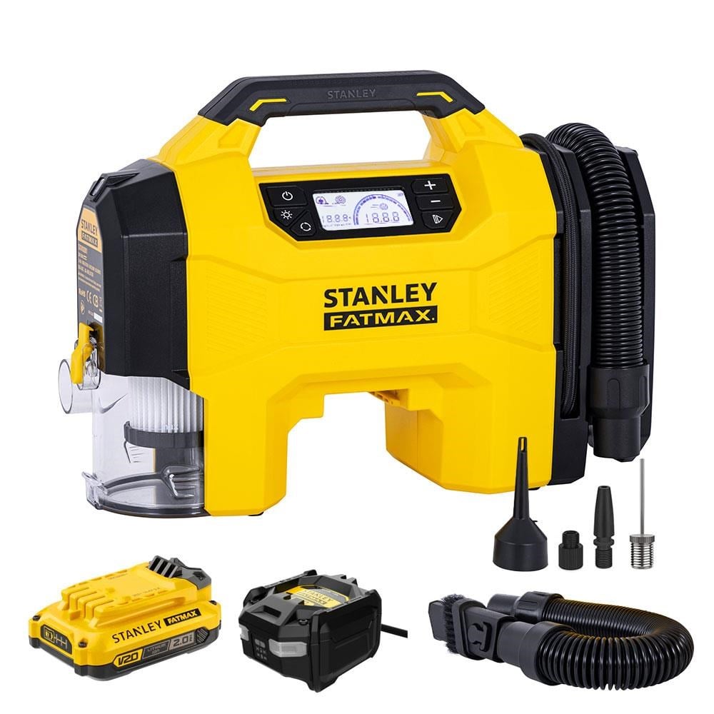 STANLEYSTANLEY SXVI02001A 12V/18V 2Ah Li-ion Şarjlı 160 PSI Dijital Göstergeli Lastik&Yatak Şişirme Pompası+Araç SüpürgesiSXVI02001A
