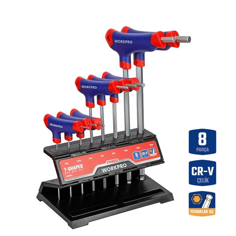 WorkproWORKPRO WP200542 8 Parça CR-V Top Başlı T Tipi Uzun Profesyonel Allen Anahtar TakımıWP200542