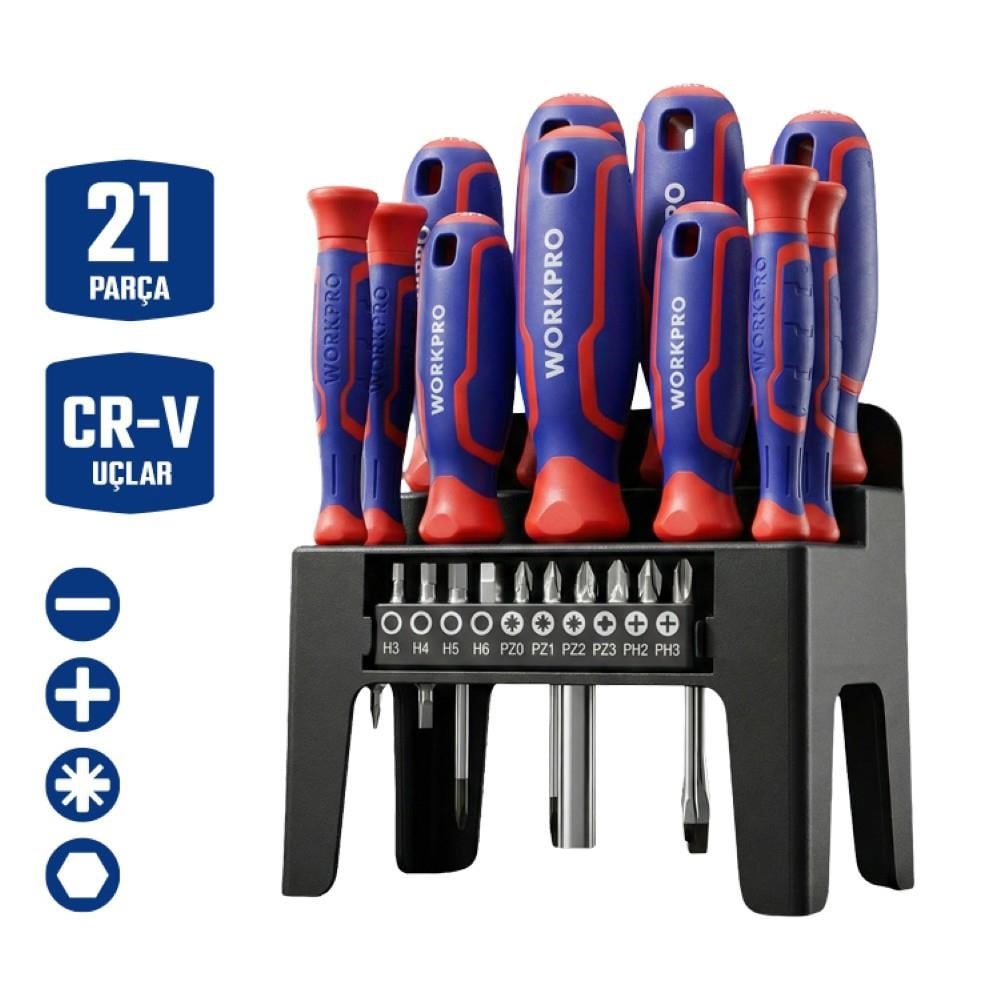 WorkproWORKPRO WP200551 21 Parça CR-V Duvar Askı Aparatlı Profesyonel Manyetik Tornavida SetiWP200551