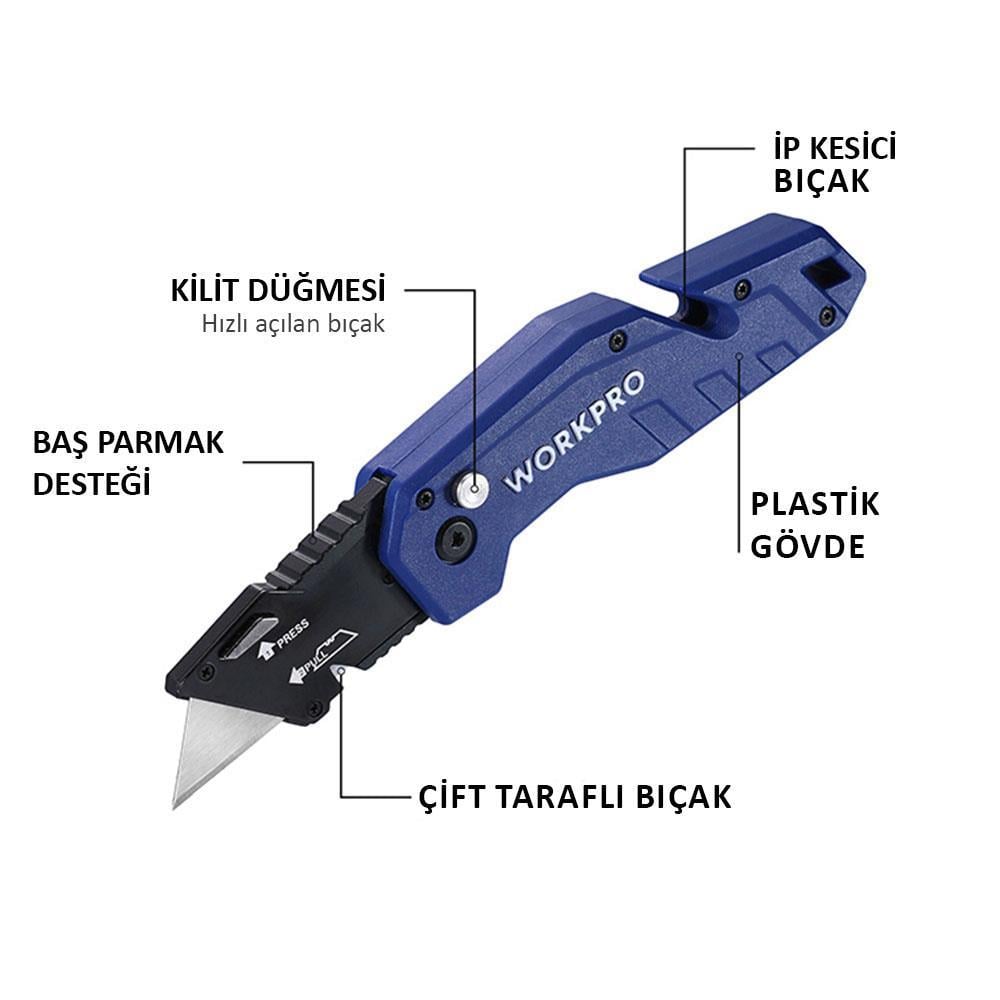 WorkproWORKPRO WP211008 Profesyonel Katlanır Çok Amaçlı Rötuş Maket Bıçağı + 10 Adet Yedek BıçakWP211008