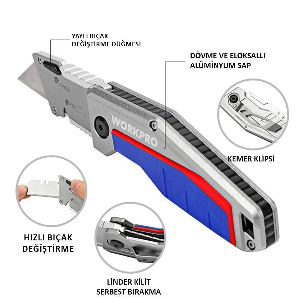 WorkproWORKPRO WP211012 Ağır Hizmet Alüminyum Gövde Katlanır Rötuş Maket Bıçağı + 10 Adet Yedek BıçakWP211012