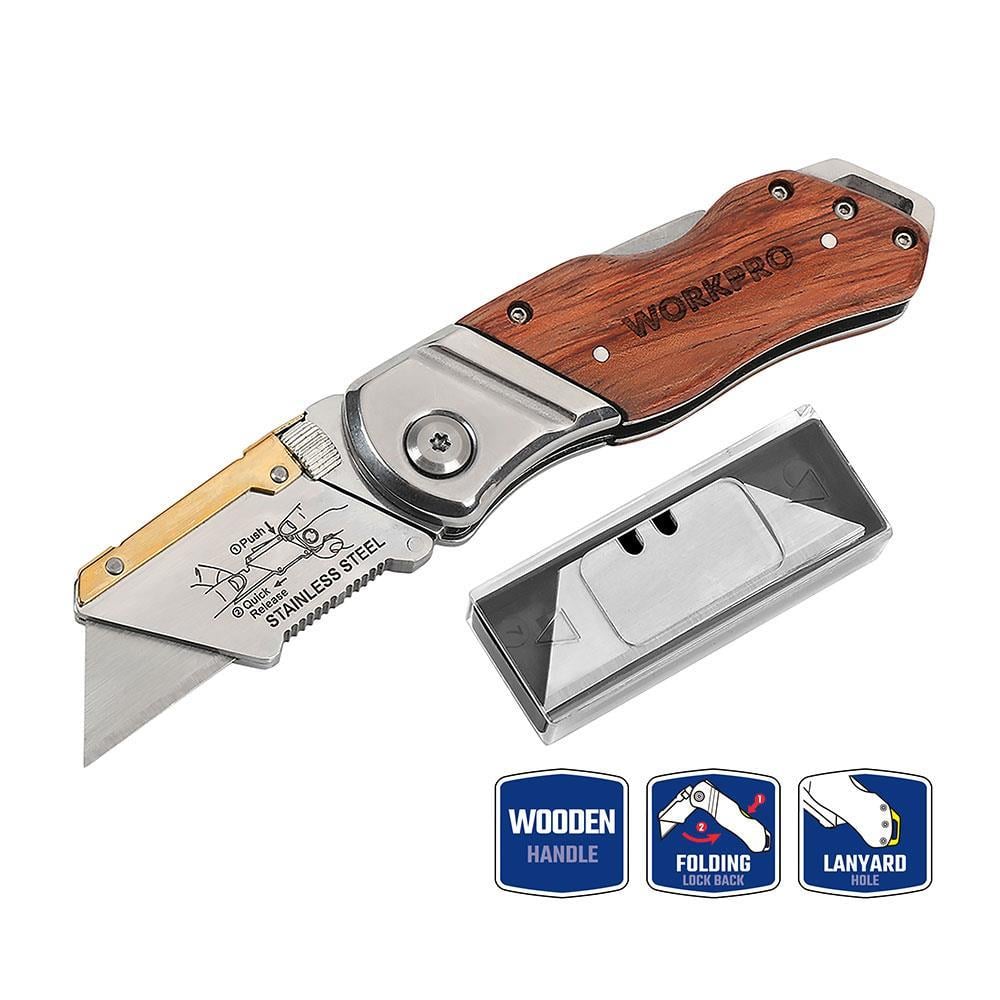 WorkproWORKPRO WP211014 Ağır Hizmet Paslanmaz Çelik/Ahşap Gövde Katlanır Rötuş Maket Bıçağı + 10 Adet Yedek BıçakWP211014
