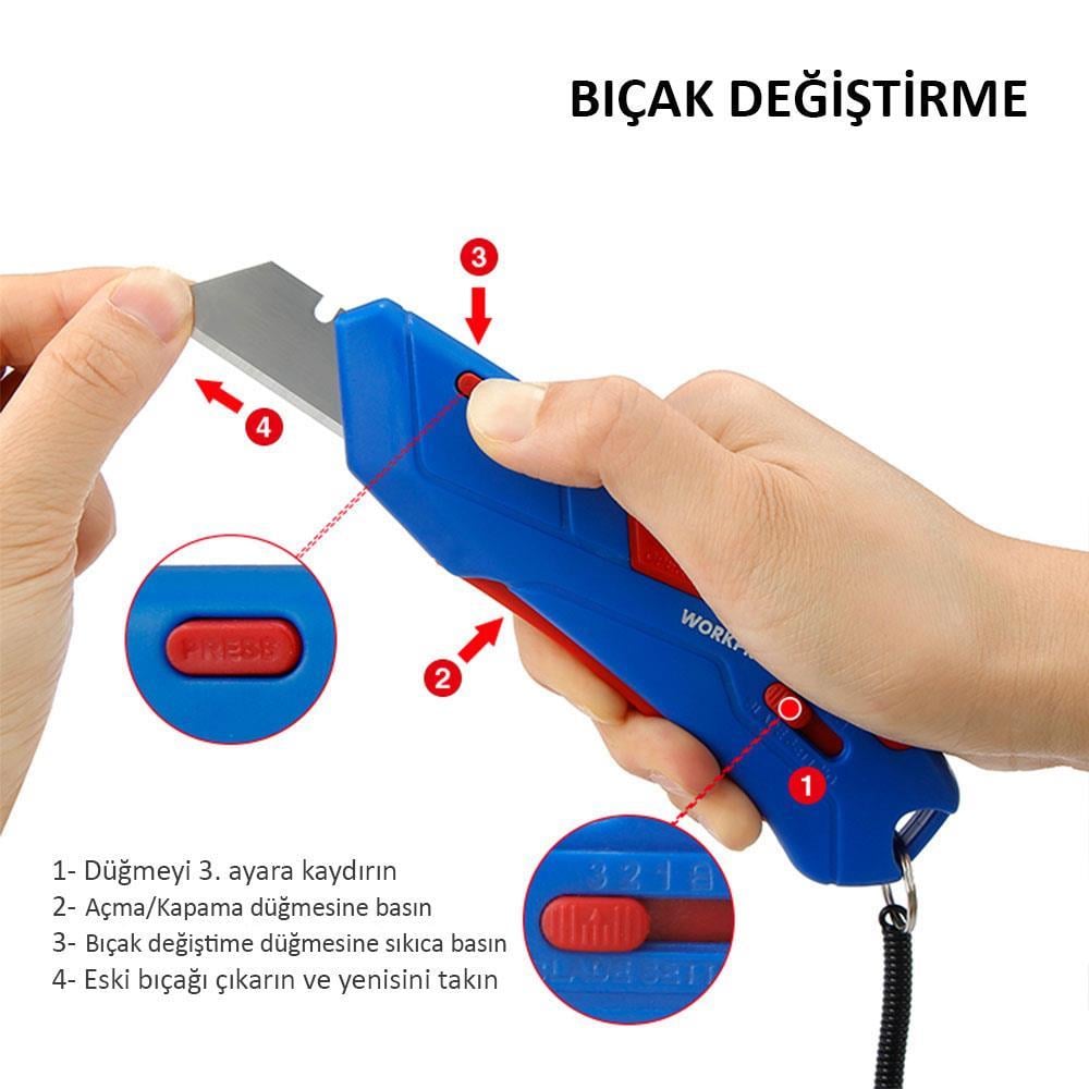 WorkproWORKPRO WP213010 Kemer Askı Kancalı Otomatik Geri Çekilebilir Mandallı Rötuş Maket Bıçağı + 3 Adet Yedek BıçakWP213010