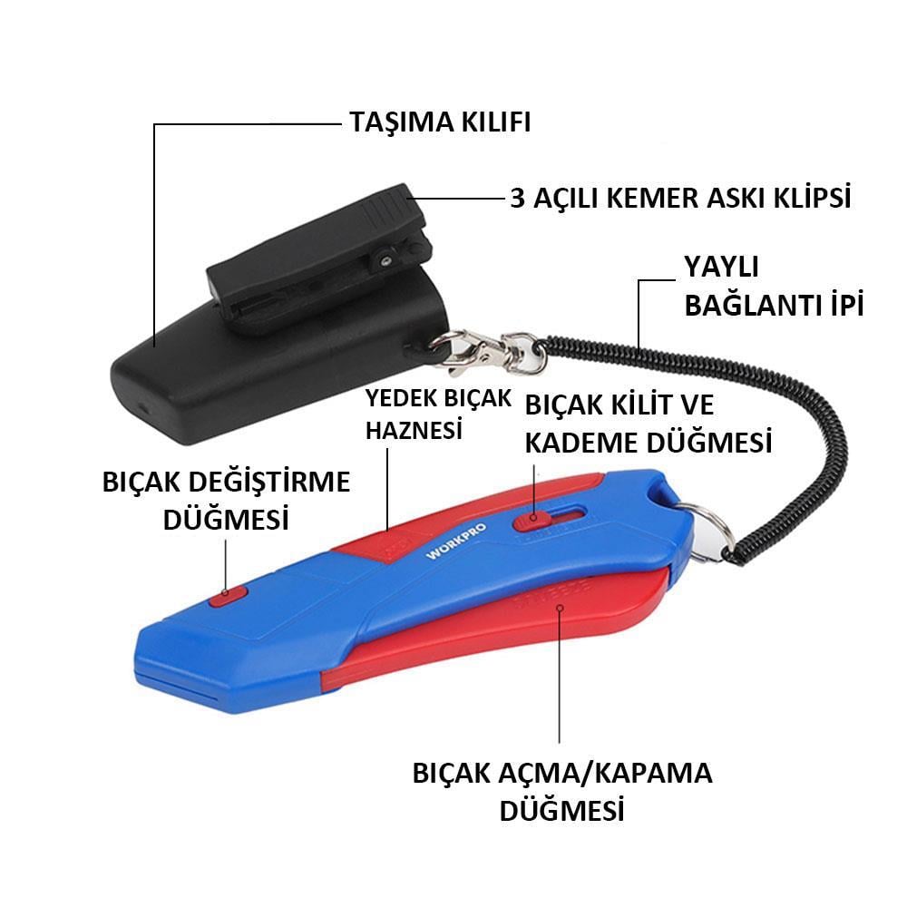 WorkproWORKPRO WP213010 Kemer Askı Kancalı Otomatik Geri Çekilebilir Mandallı Rötuş Maket Bıçağı + 3 Adet Yedek BıçakWP213010