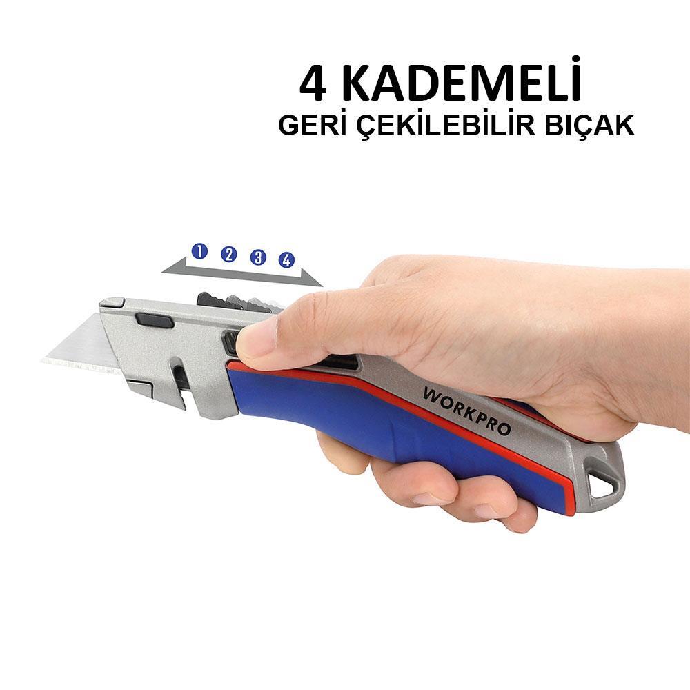 WorkproWORKPRO WP213015 Ağır Hizmet Alüminyum Gövde Otomatik Geri Çekilebilir Rötuş Maket Bıçağı + 5 Adet Yedek BıçakWP213015