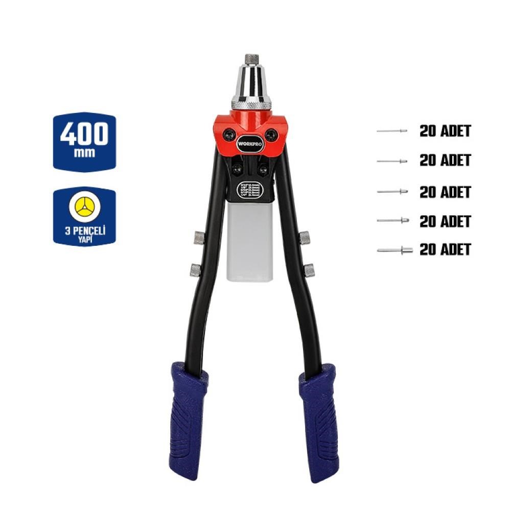 WorkproWORKPRO WP225001 5 IN 1 400mm Kollu Profesyonel Perçin Tabancası + 100 Adet PerçinWP225001